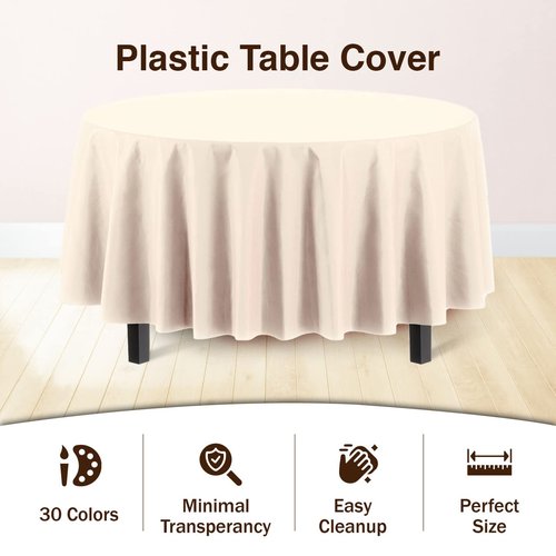 Exquisite Party Solids 6-Pack Premium Plastic Tablecloth 84in. Round Plastic Table Cover - Ivory