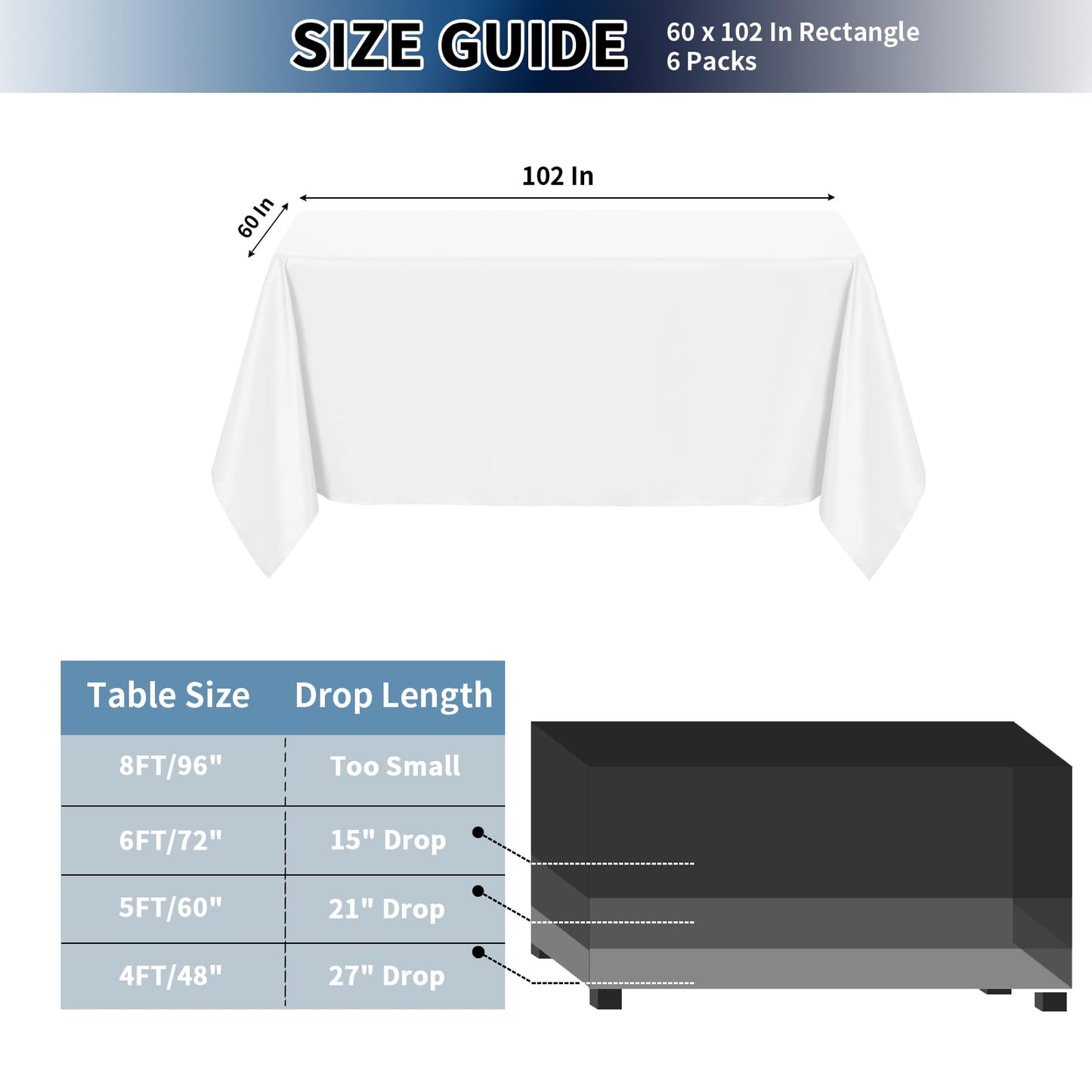 PureFit 6 Pack Rectangle White Table Cloths 60 x 102 Inch for 6Ft Tables, Stain and Wrinkle Resistant Table Linens for Home Use, Wedding, Party, Banquet and Camping