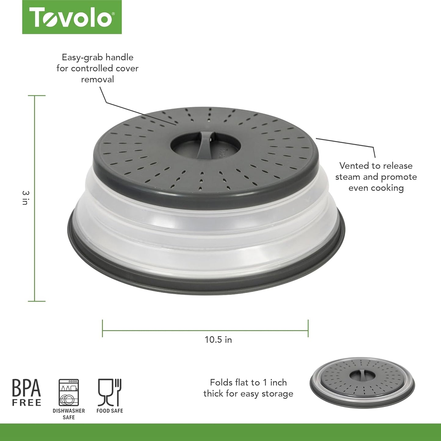 Tovolo Microwave Splatter Cover - Collapsible Vented Silicone Lid | Medium Charcoal - BPA-Free Kitchen Essential