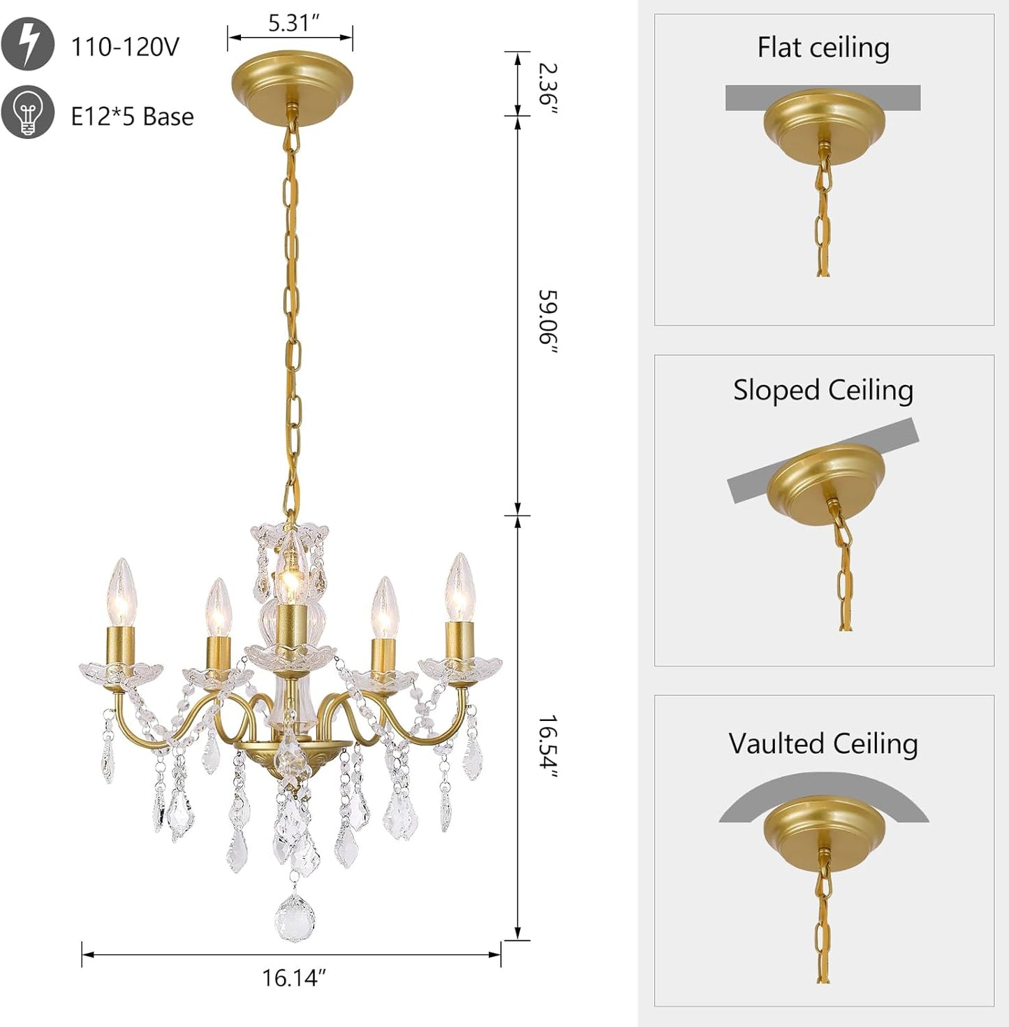 Plug in Modern 3-Light Gold Chandelier with Glass Crystals, Candle Style Pendant Light Fixtures for Living Room, Girls Room, Kitchen Island, Entryway