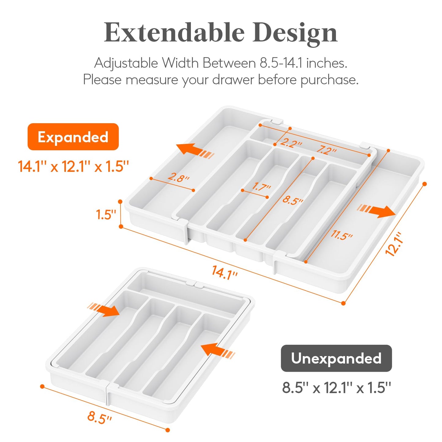 Lifewit Silverware Drawer Organizer, Expandable Utensil Tray for Kitchen, BPA Free Flatware and Cutlery Holder, Adjustable Plastic Storage for Spoons Forks Knives, 8.5-14 x 12", White