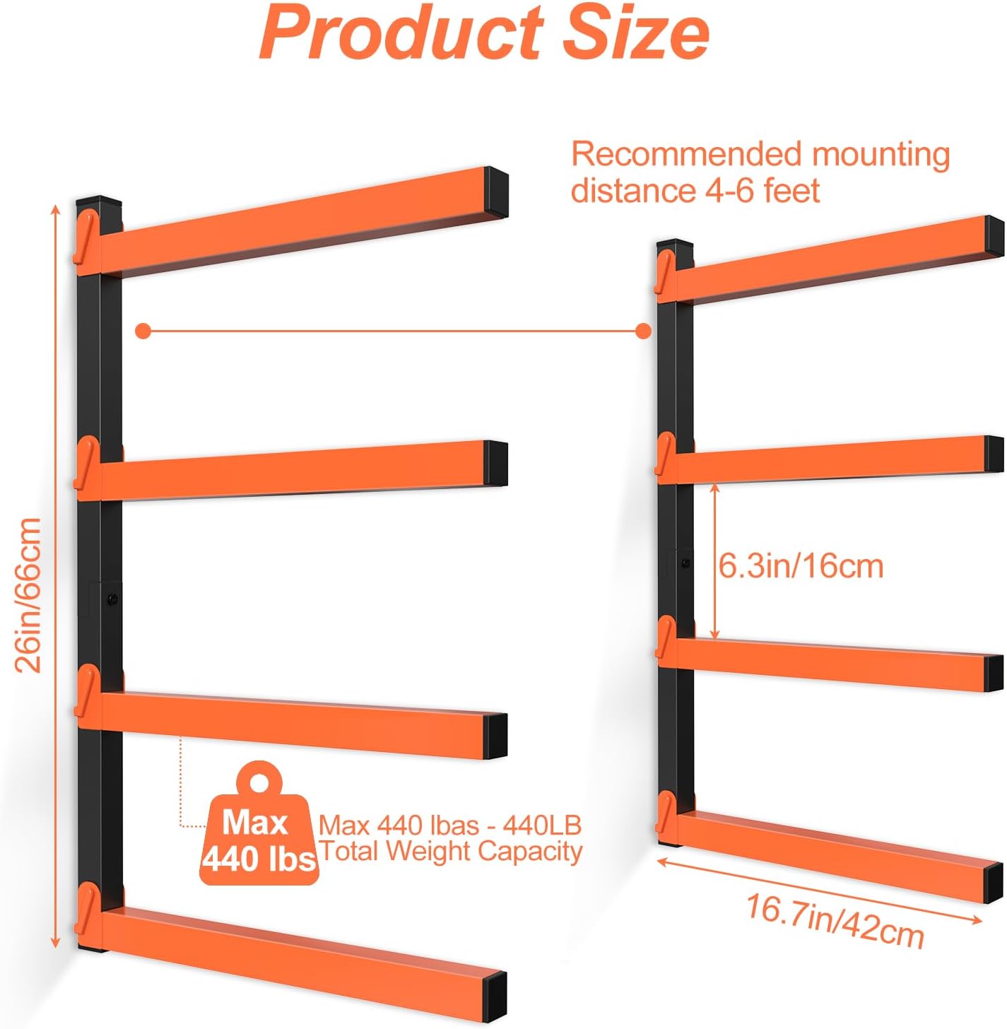 NANANARDOSO Wall Mount Wood Organizer - Heavy Duty Metal Shelf with 4 Levels | 2-Pack Lumber Storage Racks