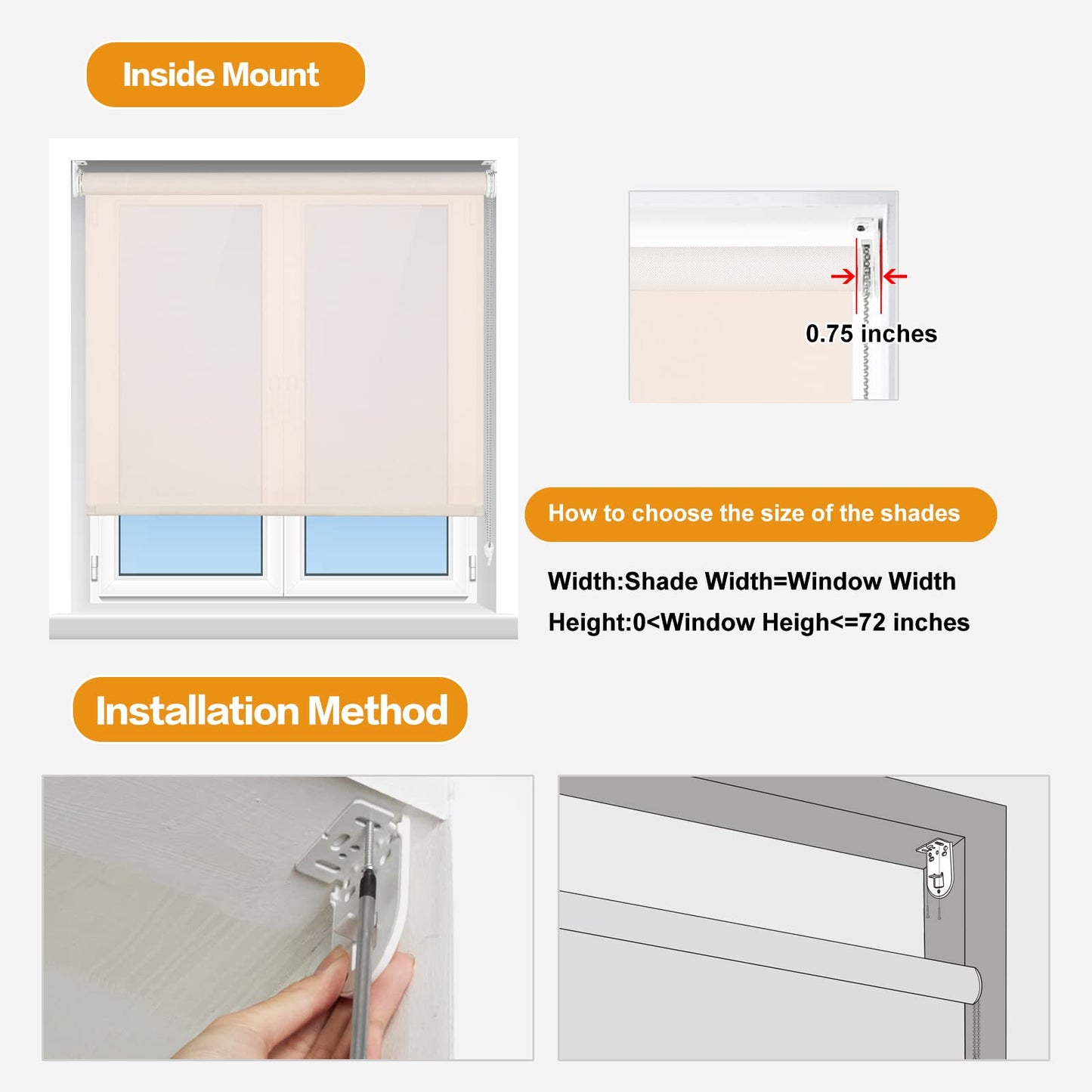 Persilux Solar Window Shades Light Filtering Roller Shades (35" W x 72" H, Beige) Flame Retardant, UV Protection Semi Sheer Blinds for Windows, Office, Easy to Install
