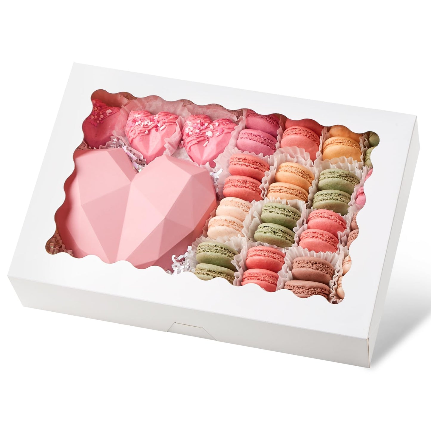 Ocmoiy 20 Pack Cookie Boxes, 14x10x2.5 Inch Large Bakery Boxes with Window, Auto-Popup Treat Box for Chocolate Covered Strawberries, Pies, Donuts, Muffins, Breakable Heart