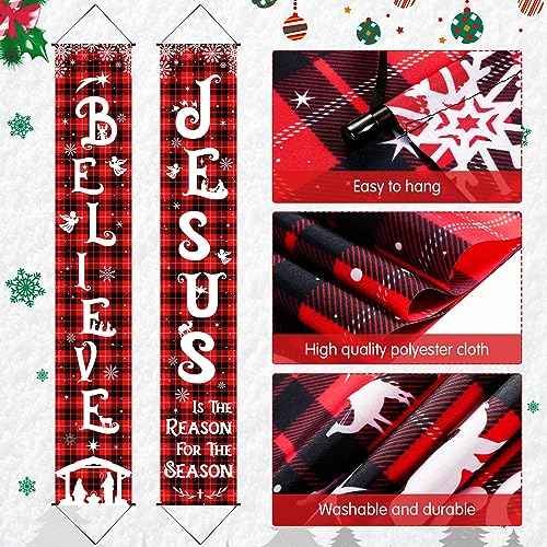 Tiamon Christmas Front Porch Banners Winter Religious Nativity Scene Sign Holiday Hanging Banner Xmas Decoration for Front Door Believe Jesus Is the Reason for the Season 12 x 71 Inch