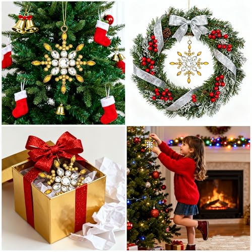 WeddPtyFr Silver & Gold Snowflake Christmas Ornaments Set of 4 – Hanging Tree Decorations