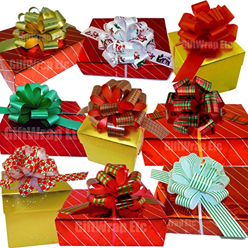 Christmas Gift Pull Bows Set of 9 - 5-inch Swirl & Stripe Holiday Decor, Variation: Christmas Prints 1