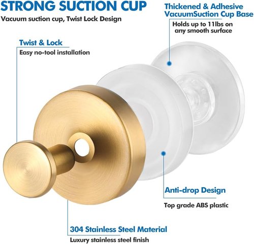 Gold Suction Cup Hooks by [Brand Name] - No-Drill Shower & Wreath Hangers | 2 Pack for Bathrooms & Doors