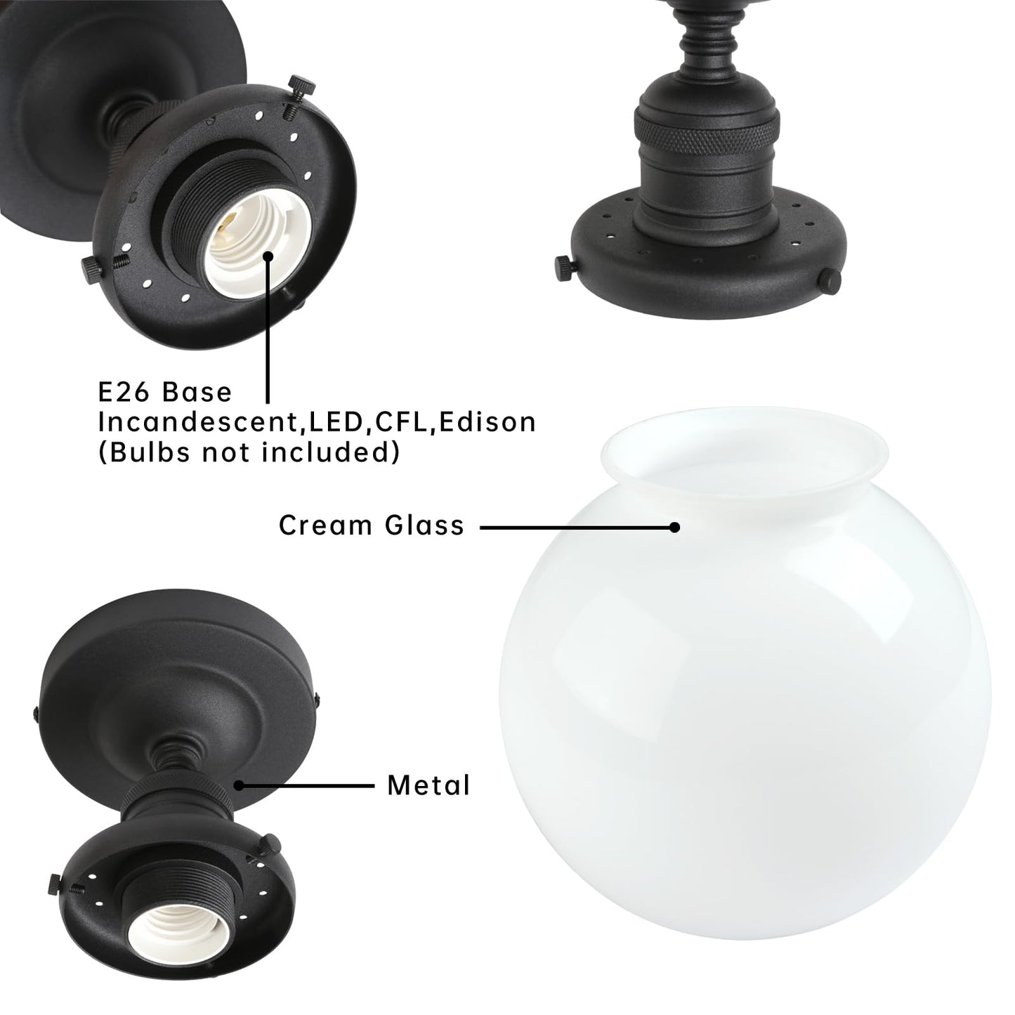 JIMUBEAM Industrial Semi Flush Mount Ceiling Light, Milk White Globe Glass Pendant Lamp Shade, Close to Ceiling Light Fixture for Porch, Hallway, Entryway, Kitchen, Bedroom, Hotel
