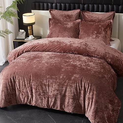 Ivellow Queen Size Blush Pink Crushed Velvet Comforter Set - 5 Pieces Bedding