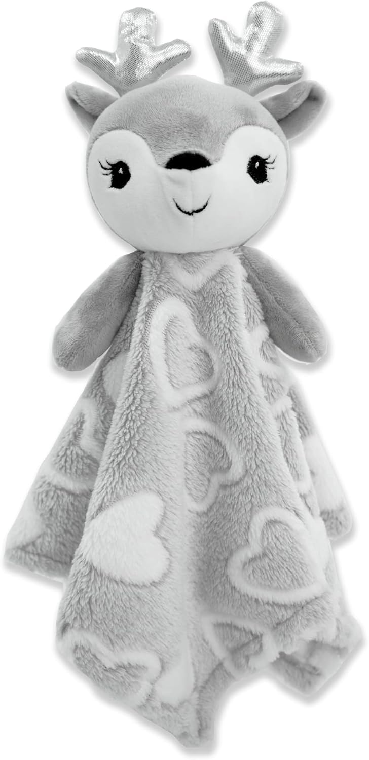 June Garden Cozy Dream Fleece Baby Security Blanket - Soft Plush Stuffed Deer Lovey | 15 x 15 Inches - Grey