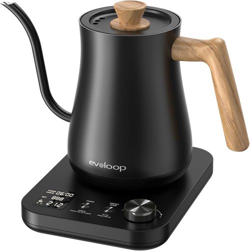 Gooseneck Electric Kettle - ±1℉ Temperature Control for Perfect Pour-Over Coffee & Tea | 1200W, 0.8L, Black Wooden