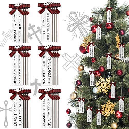 Gerrii 24-Pack Christmas Bible Verse Wooden Ornaments with Buffalo Plaid Bow - 3.94in Religious Holiday Decor
