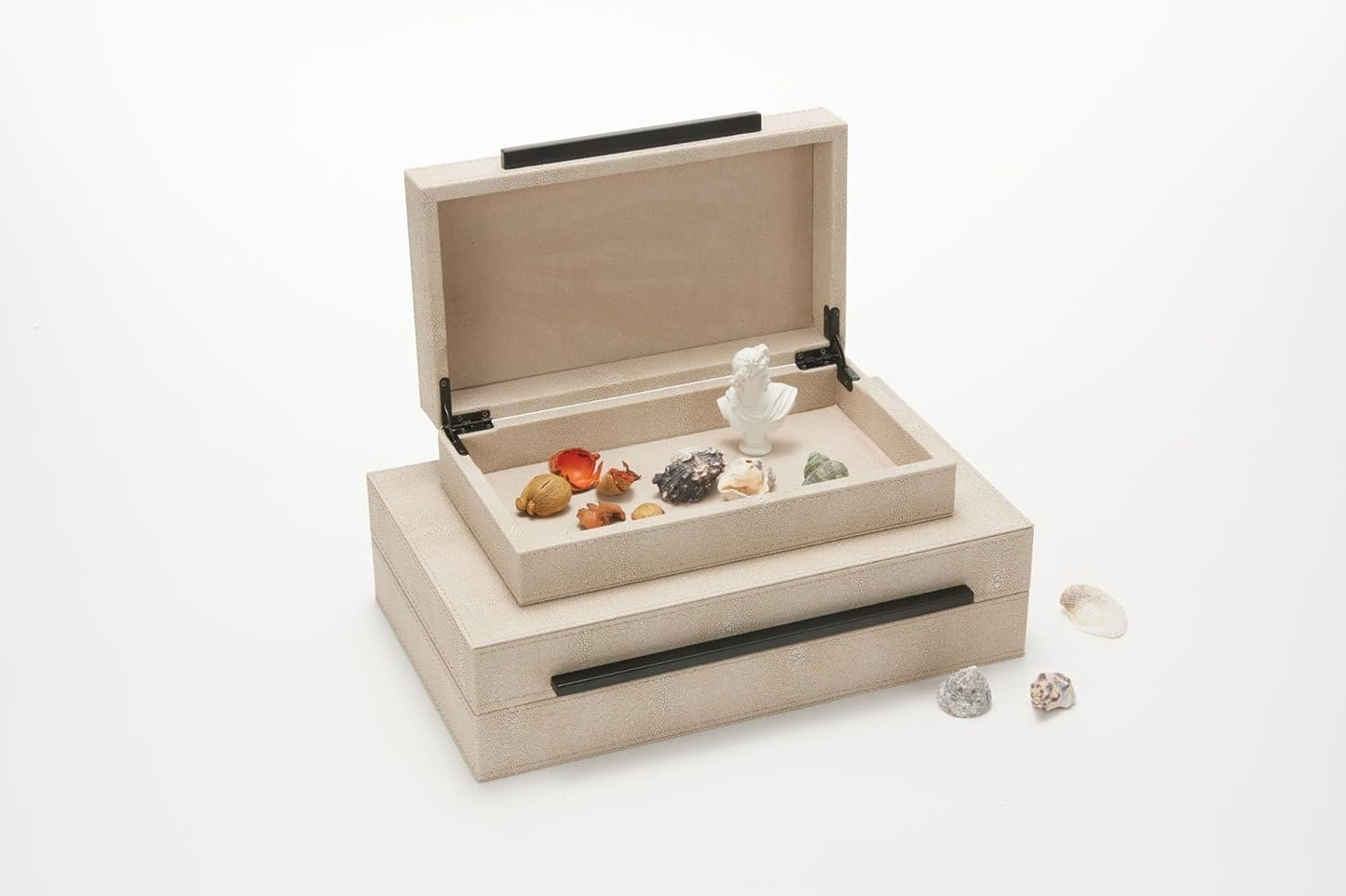 Sagala Ivory Shagreen Decorative Boxes - Set of 2 Modern Jewelry Storage with Black Metal Handles