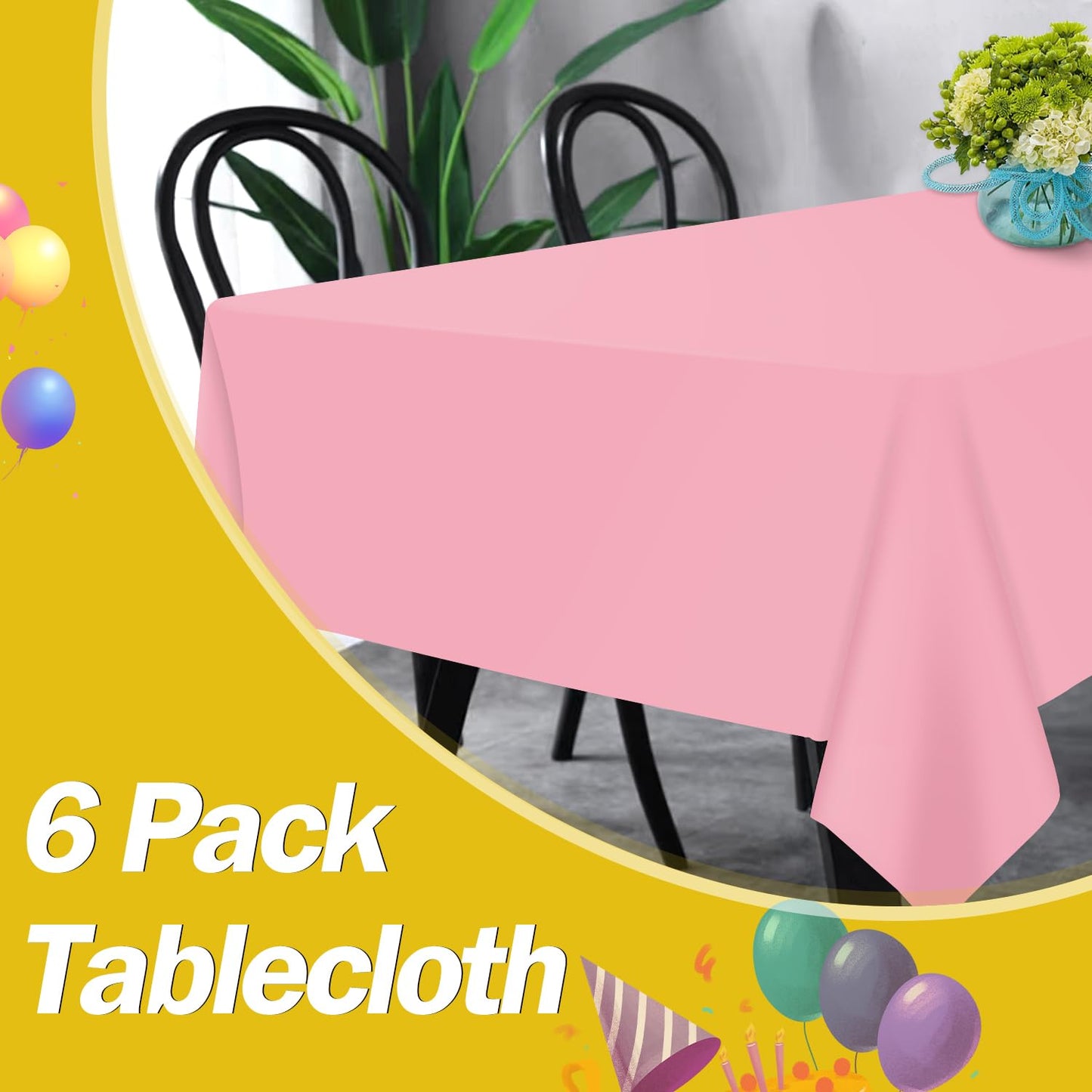 tujol Pink 6 Pack Plastic Table Cloth 54" x 108", Disposable Tablecloths Rectangle Table Cover, Plastic Tablecloths for Parties