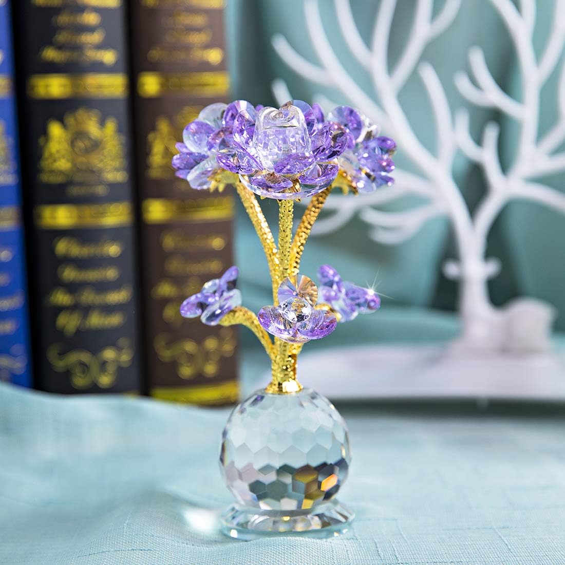 QFkris Purple Crystal Rose Flower Figurine - 6" Collectible Glass Statue | Elegant Home Decor Gift for Women