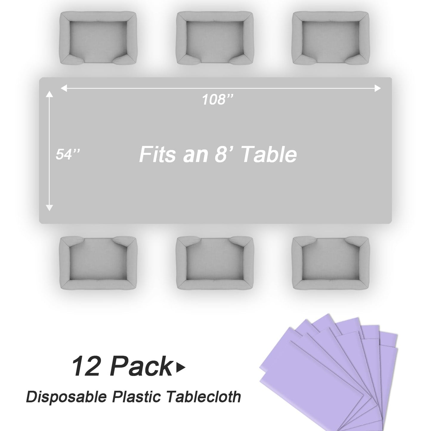 QIKSION Lavender Plastic Table Cloth Disposable 12 Pack, 54 x 108 Inch Tablecloths for Birthday Party Supplies, Easter Decorations, Light Purple, Pastel, Lilac Rectangle Table Cover