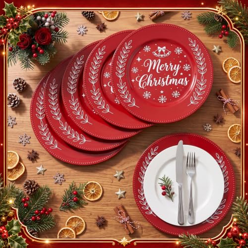 Christmas Charger Plates Set of 6 13-inch Red Beaded Holiday Dinnerware