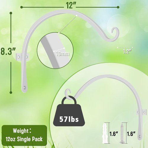 Feed Garden 12-Inch Decorative Hanging Plant Brackets - 2 Pack Wall Hooks for Outdoor Use | White