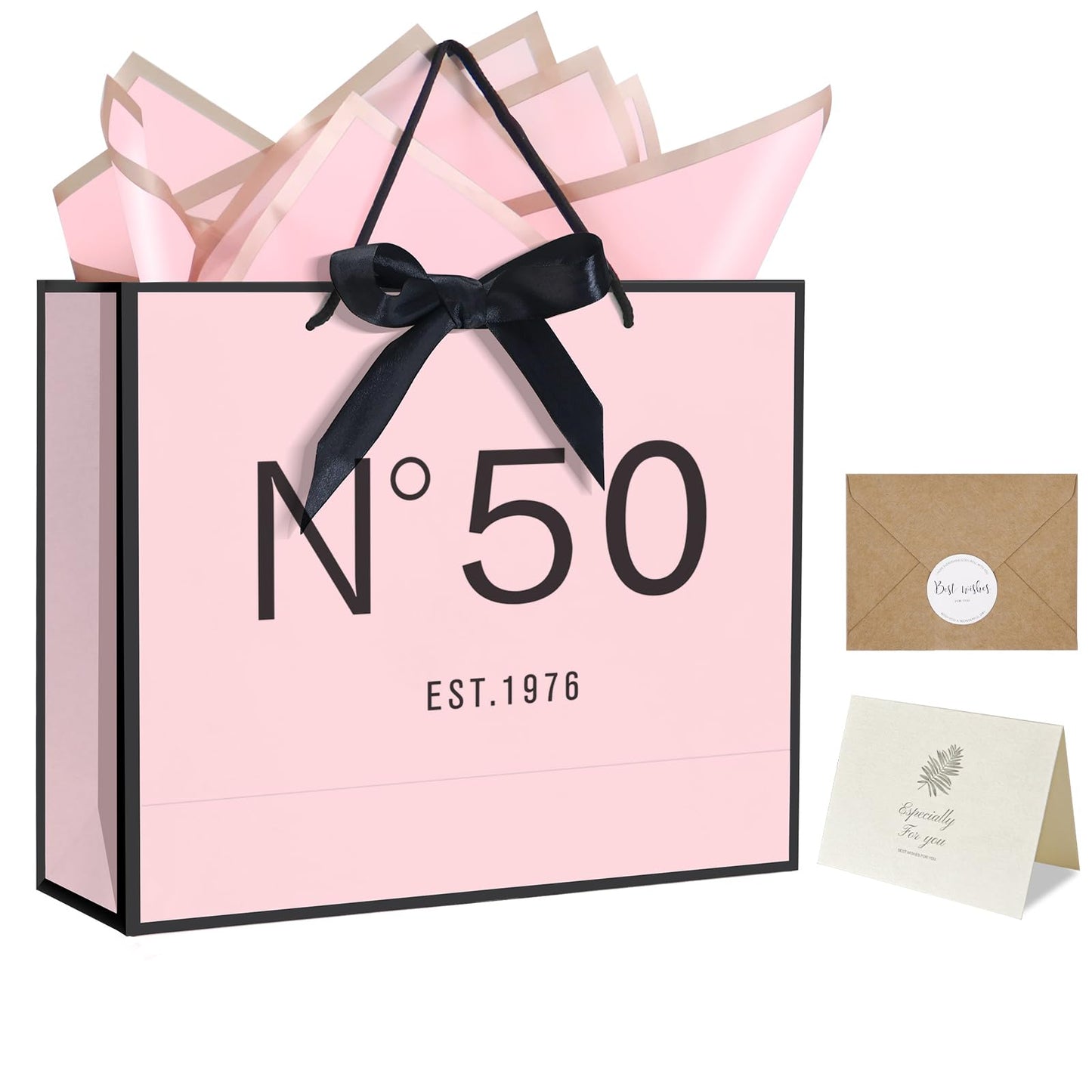 QLSKO 13" Birthday Gift Bag with Card Envelope Sticker Bow Ribbon and Tissue papers for Women Girls Design with Handles,13th-100th (EST.1976 50th, 13" W x 10.5" H x 4.3" D)