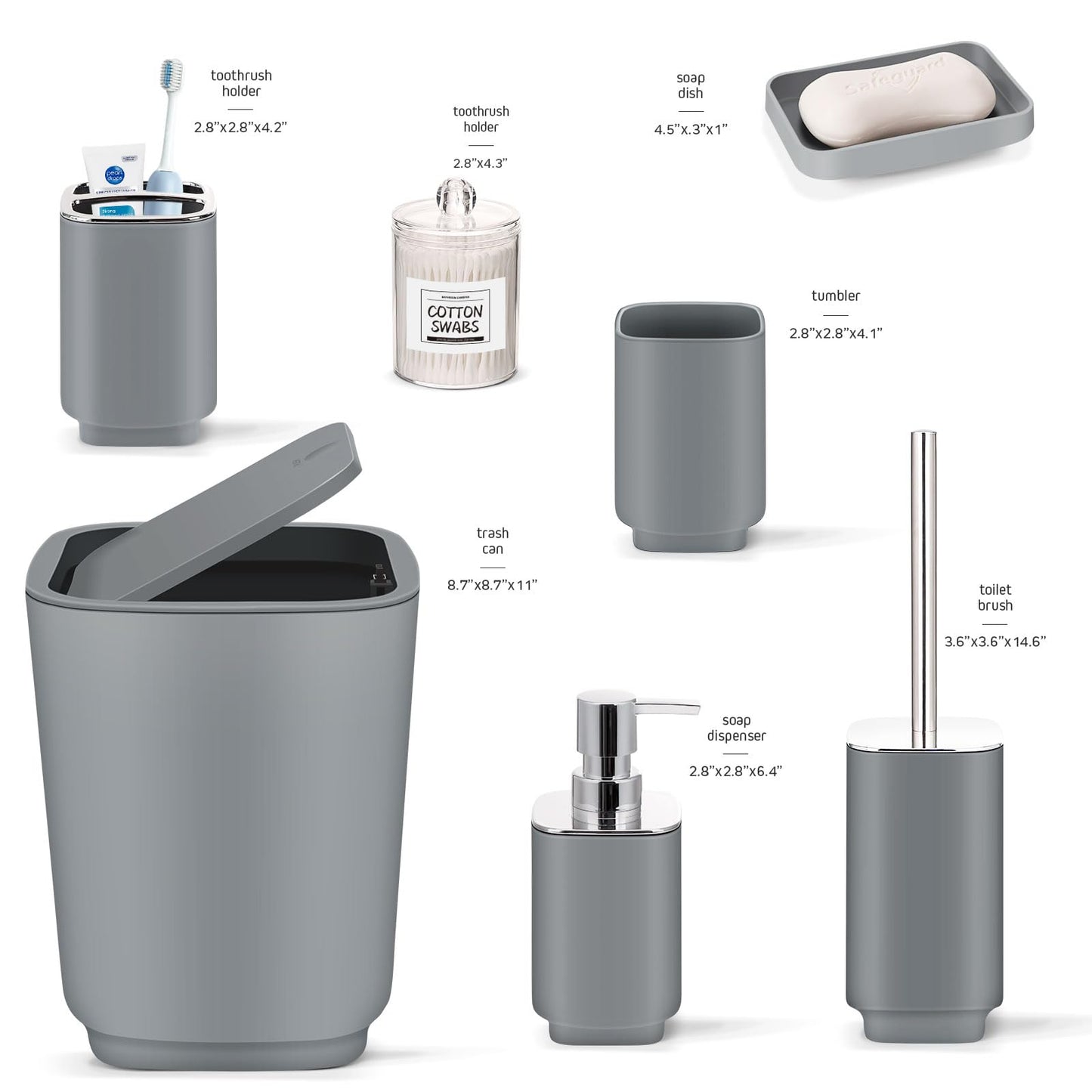 IMAVO Grey Bathroom Accessories Set,11Piece Bathroom Accessory Gift Set,Trash Can,Tray,Toothbrush Holder,Toothbrush Cup,Soap Dispenser,Soap Dish,Toilet Brush and Qtip Holders