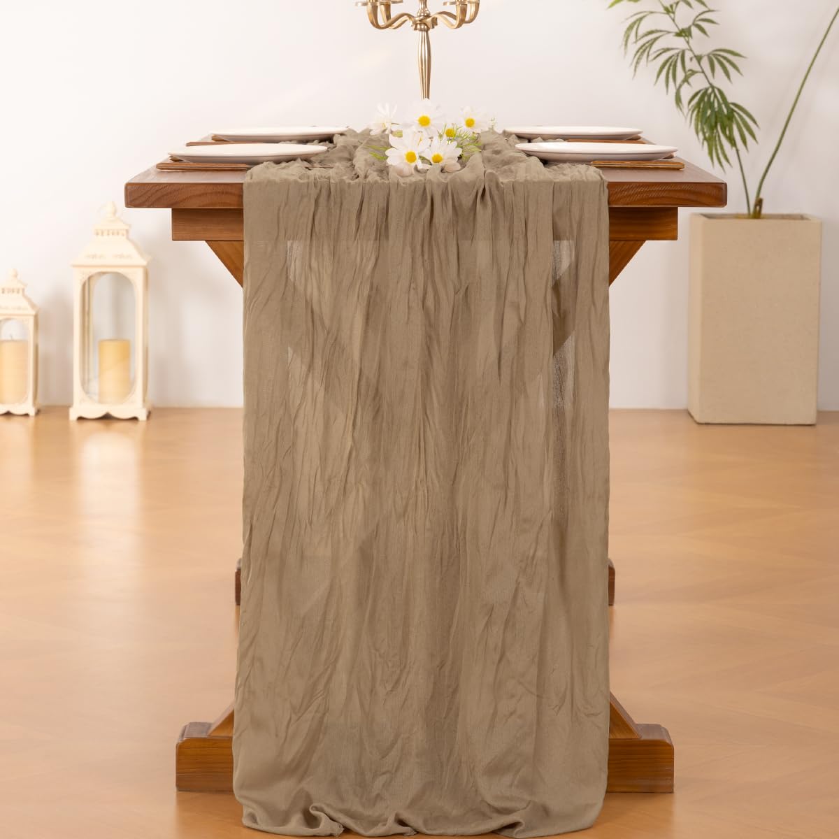 Socomi 10pcs Nude Brown Cheesecloth Table Runner Boho Rustic Gauze 120 inch 10FT Cheese Cloth Sheer Runner for Wedding Party Baby Shower Birthday Home Decor Holiday Decorations