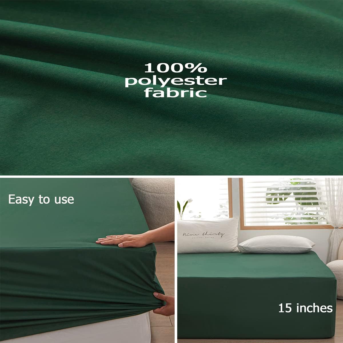 Queen Size Fitted Sheet by [Brand Name] - Soft Microfiber, 15-Inch Deep Pocket, Dark Green | Fade & Shrink Resistant