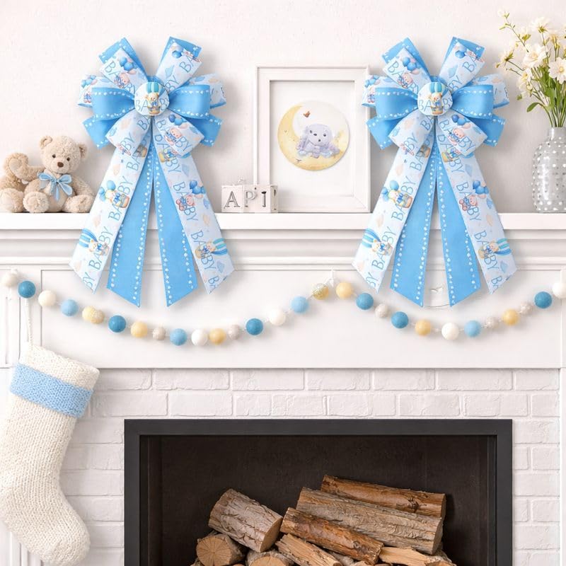 Skiennix Large Baby Shower Bows - 20x11 Inch Baby Blue Decorative Ribbons for Wreaths & Home Decor