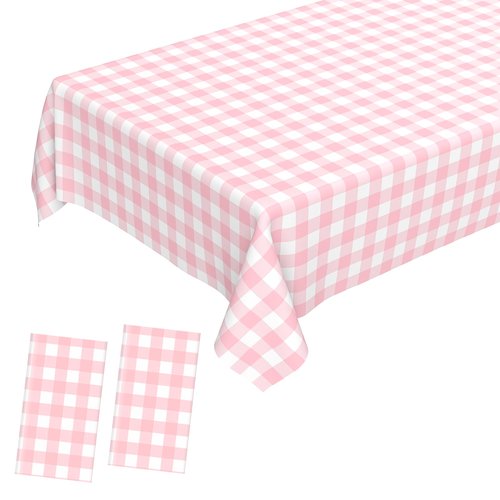 JCTHKUKU 2 Pcs Pink Gingham Tablecloth, Disposable Plastic Pink Checkered Table Cloth, Pink & White Plaid Table Cover for Outdoor Picnic, Wedding, Baby & Bridal Shower, Birthday Party (54 x 108 Inch)