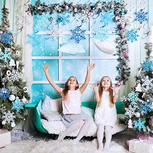 Sumind 30 Pcs Winter Party Wonderland Decorations Snowflake Hanging Swirls Ceiling Decor Winter Baby Shower Streamers Christmas Hanging Decor Holiday Birthday Wedding Party Supplies(Blue, Silver)