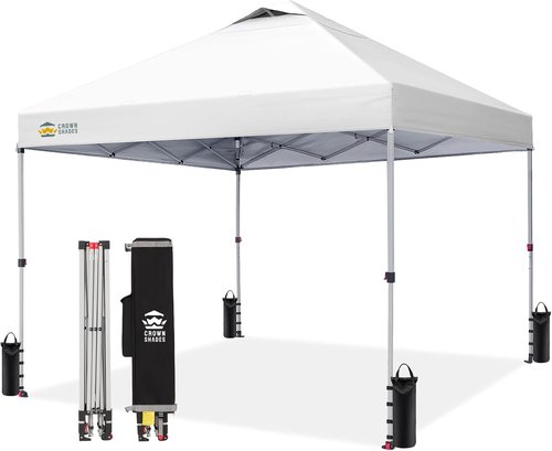 CROWN SHADES 10x10 Pop Up Canopy - Patented One Push Lock System with Storage Bag & Accessories | White