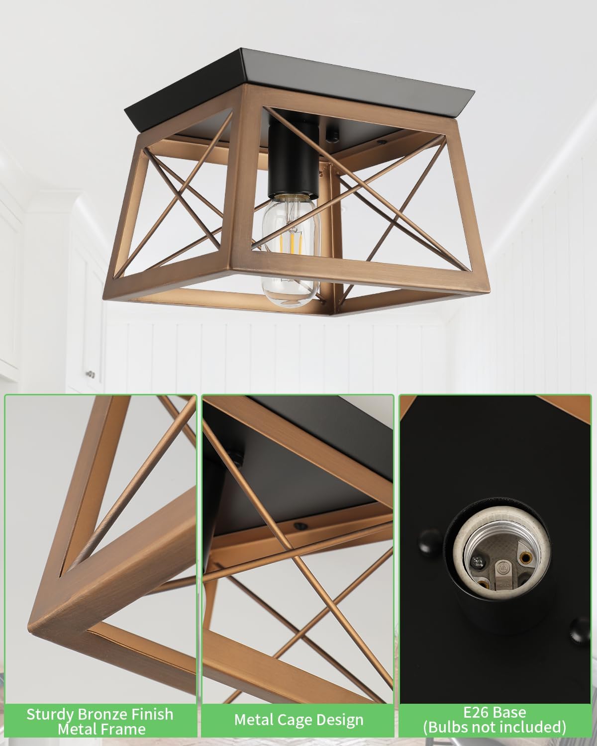 Farmhouse Flush Mount Ceiling Light Oak White Ceiling Light Fixtures 2-Light Industrial Vintage Metal-Framed Ceiling Lighting for Hallway Foyer Kitchen Dining Room Bedroom Living Room Laundry