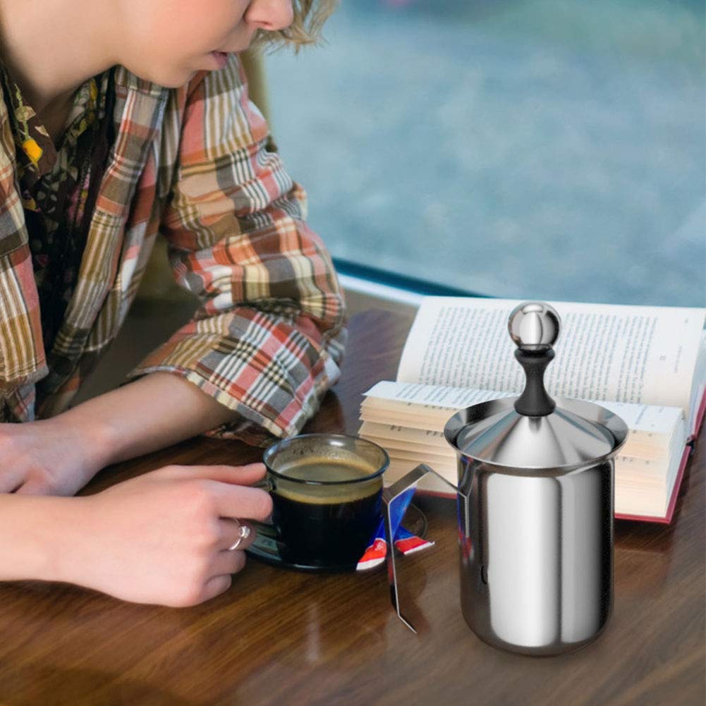 Manual Milk Creamer Hand Pump Frother Cappuccino Latte Coffee Foam Pitcher with Handle, Lid, Double Layer Filter Screen, Stainless Steel, 17-Ounce Capacity (500ml)