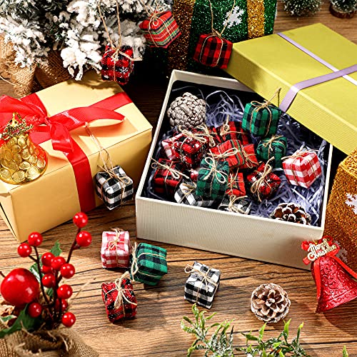Chivao 24Pcs Mini Christmas Presents Ornaments Buffalo Plaid Multi-Color 1.57in