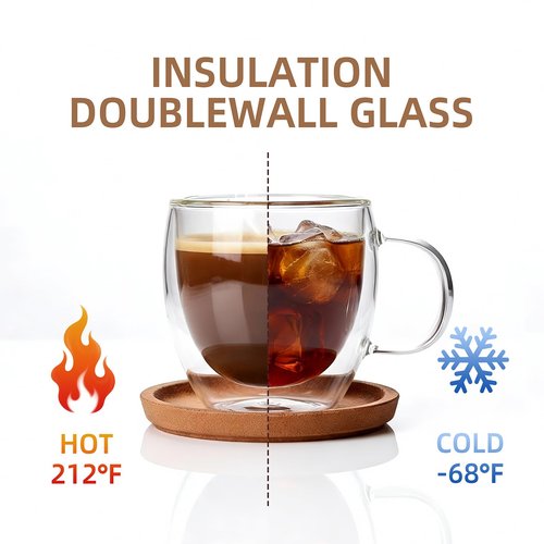 guuminsting Double Wall Insulated Espresso Shot Cups 5.4 OZ Set of 2, Small Clear Borosilicate Glass Demitasse Coffee Mugs with Handles