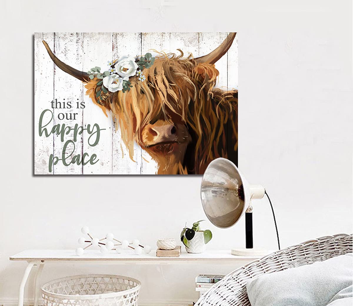 YPY Highland Cow Wall Art - This is Our Happy Place Inspirational Canvas Poster for Home - Long Haired Scottish Cow with White Flower Picture Farmhouse Kitchen Decor Framed (24"x36")