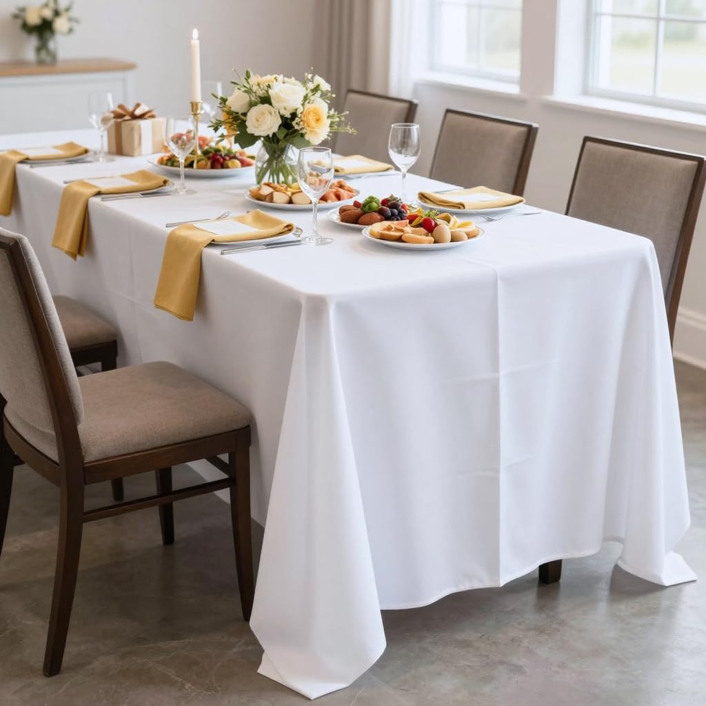 sancua Rectangle Tablecloth - 90 x 156 Inch - Water Resistant Spill Proof Washable Polyester Table Cloth, Decorative Fabric Table Cover for Dining Tables, Buffet Parties and Camping, White