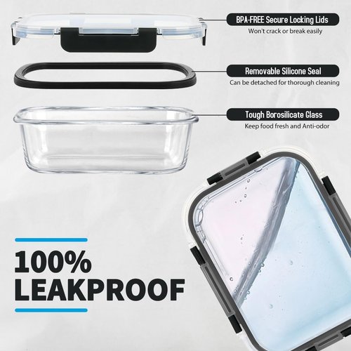 AMALEKO Glass Food Storage Containers Set - 42pcs Leak-Proof Meal Prep Containers with Snap Locking Lids | BPA-Free, Black