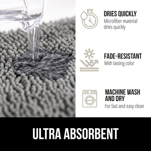 GORILLA GRIP Bath Rug Mat & Mesh Bath Pillow Bundle - Soft Absorbent Chenille, Gray & White, 2-Piece Set