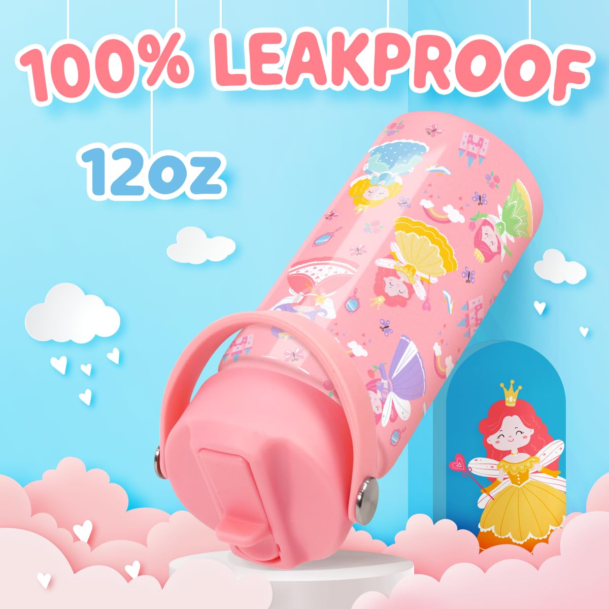 SANDJEST Princess Water Bottle for Girls - Kids Water Bottle with Straw Lid - 12 Oz Insulated Stainless Steel Water Bottles for Kid - Travel Cup for School Sports