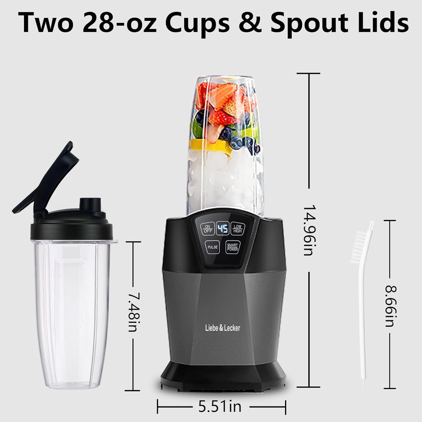 Liebe&Lecker Smoothie Blender - 1200 Peak Watts Personal Blender with 2 To-Go Cups & Solid Lid for Smoothies