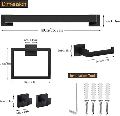 JOPOFI 5 Piece Bathroom Towel Bar Set - Matte Black SUS304 Stainless Steel Wall Mounted Towel Racks, 15.7 Inch
