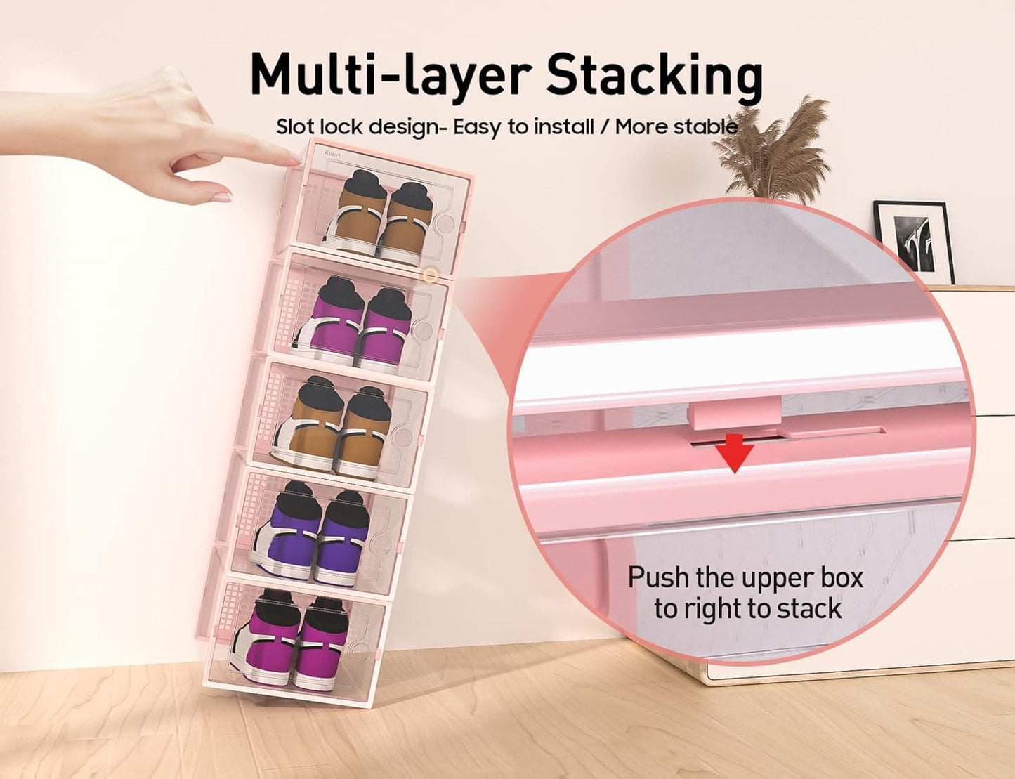 Kuject X-Large Shoe Storage Boxes - Clear Plastic Stackable Organizers | 12 Pack for Sneakers & Toys - Pink