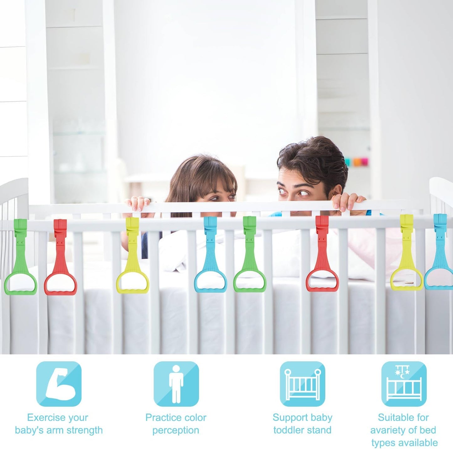 Skiennix 8Pcs Pull Up Rings | Baby Walking Assistant - Crib & Bed Stand Up Rings (4 Colors)