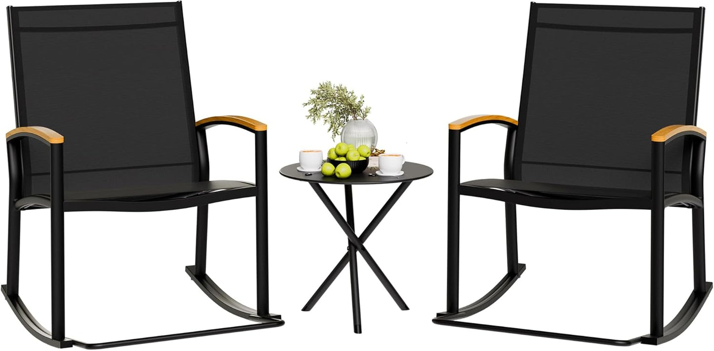 Shintenchi 3-Piece Outdoor Rocking Bistro Set - Textilene Fabric Patio Furniture for Lawn & Garden (Black)