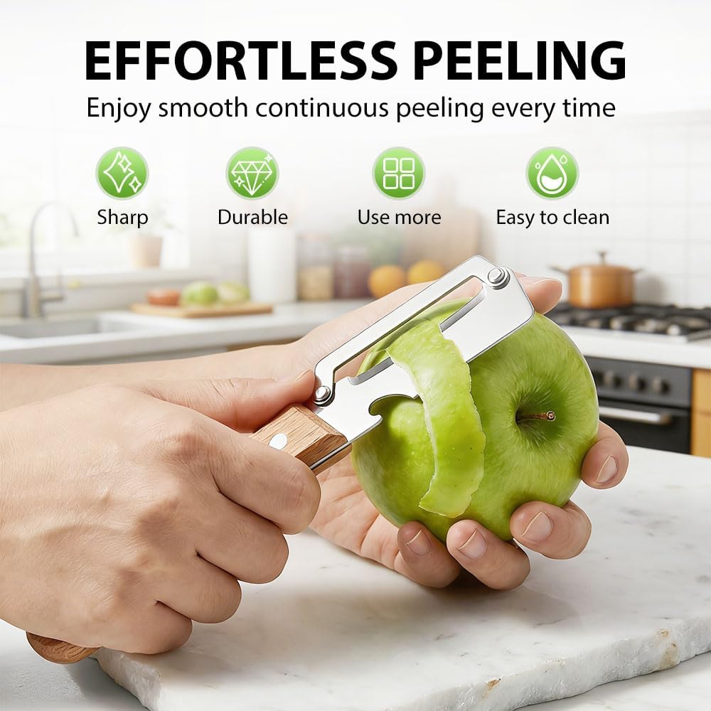 Skiennix Vegetable Peeler - 2-in-1 Multi-Functional Kitchen Tool with Wooden Handle & Bottle Opener | Stainless Steel
