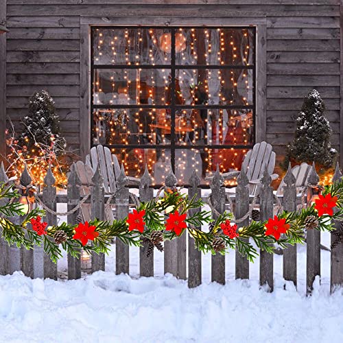 Juegoal 2 Pack 9ft Pre-lit Artificial Christmas Garland with Lights, Poinsettia & Pine Cones