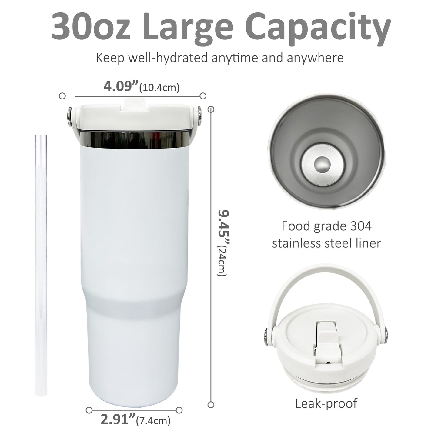 30 oz Tumbler with Handle, Double Wall Vacuum Insulated Tumblers with Flip Straw, Coffee Mug 30oz Powder Coated Cup for Hot and Cold Drinks(Black Plated, White,4 pack)