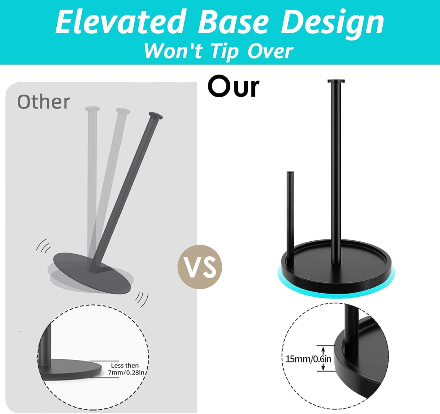 Stainless Steel Paper Towel Holder - Freestanding Design with Anti-Slip Weighted Base | Black Finish