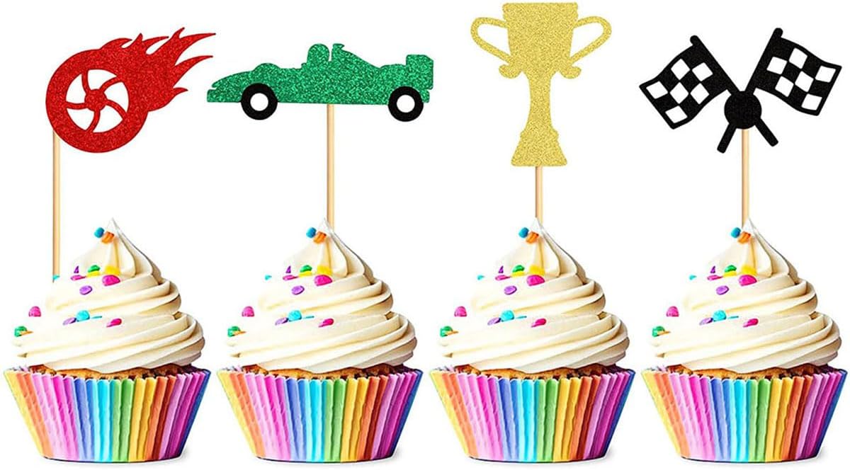 Race Car Cupcake Toppers by [Brand Name] - 24Pcs Glitter Trophy Flags & Wheels for Racing Theme Parties